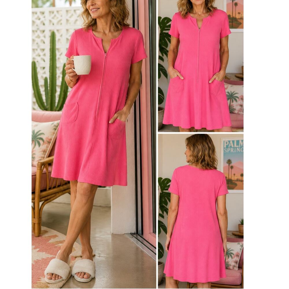 Stan Herman Pink Zip Front House Dress Duster Lounge Robe Ribbed Pockets